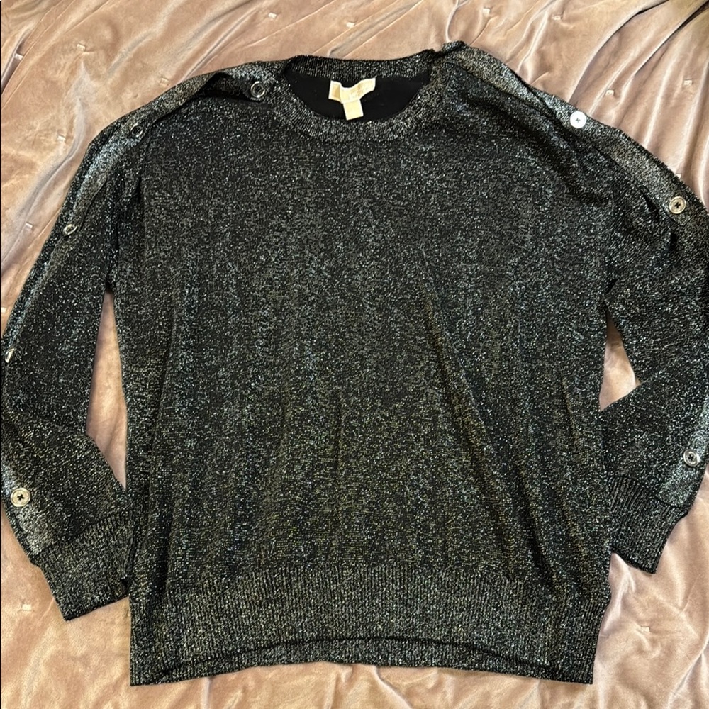 Michael Kors Black & Silver Metallic Sweater with Button Details